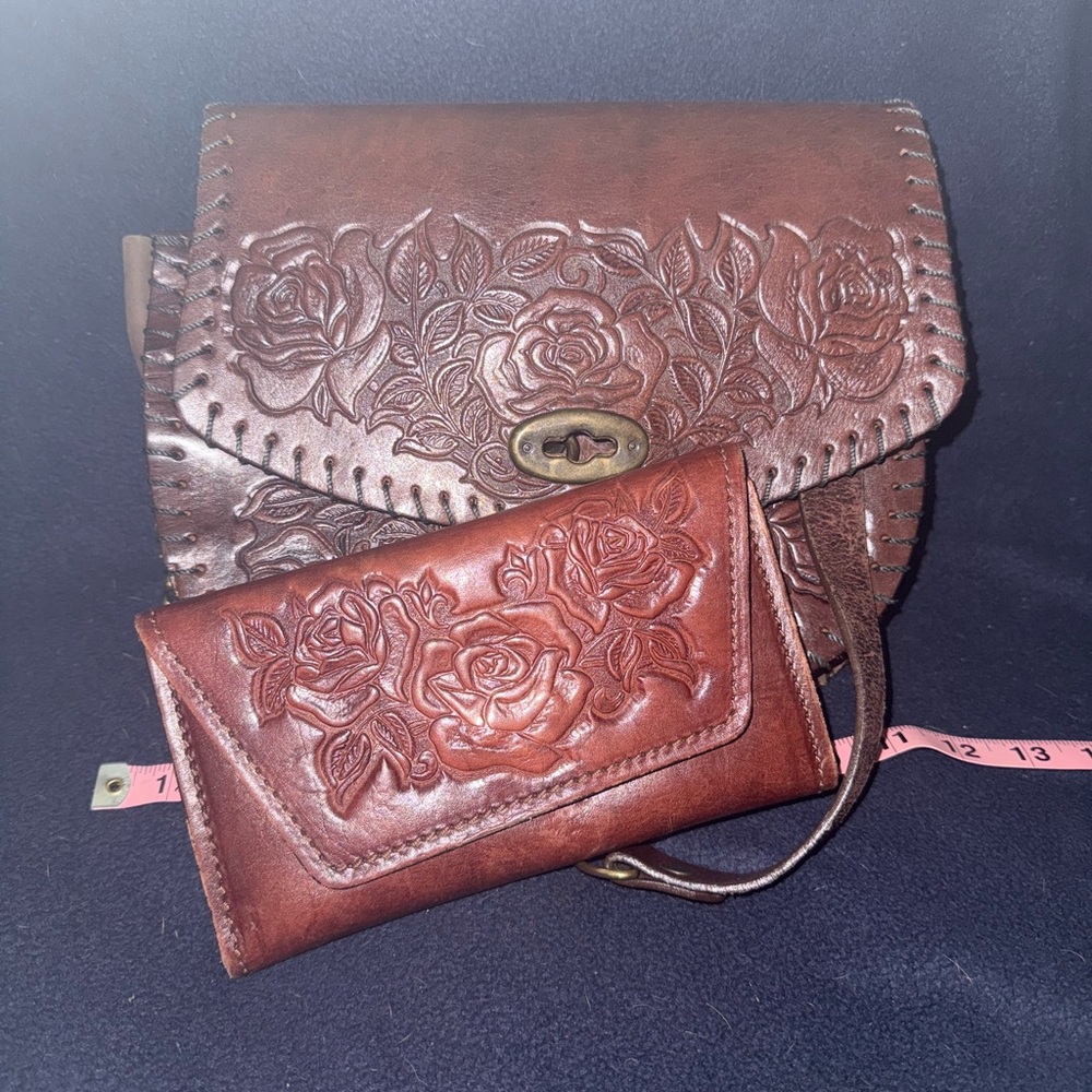 Brown Floral Tooled Leather Clutch with Wristlet